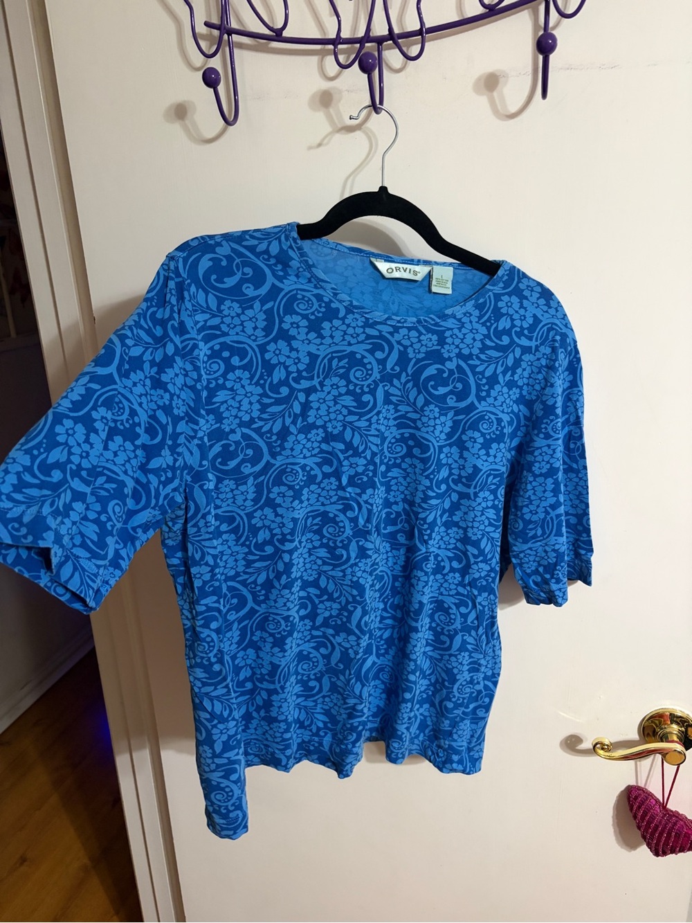 💜 Large Orvis Women's Blue Floral Crewneck Top